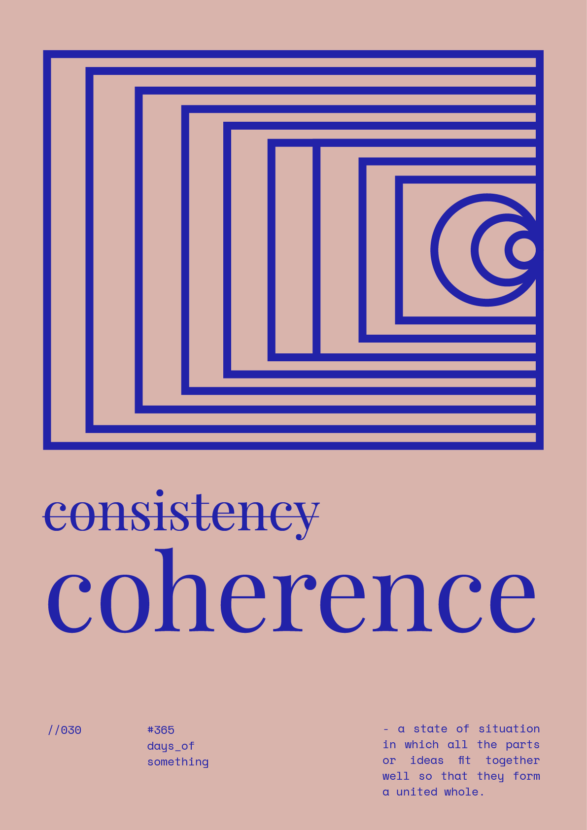 Nested blue rectangles closing in on a small target of circles, above the word consistency struck through and coherence set large beneath it, on dusty pink.
